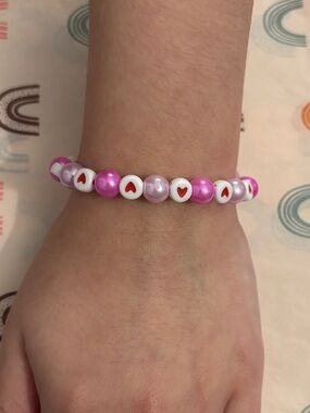 Girls Pink Heart Pearl Bead Stretch Bracelet